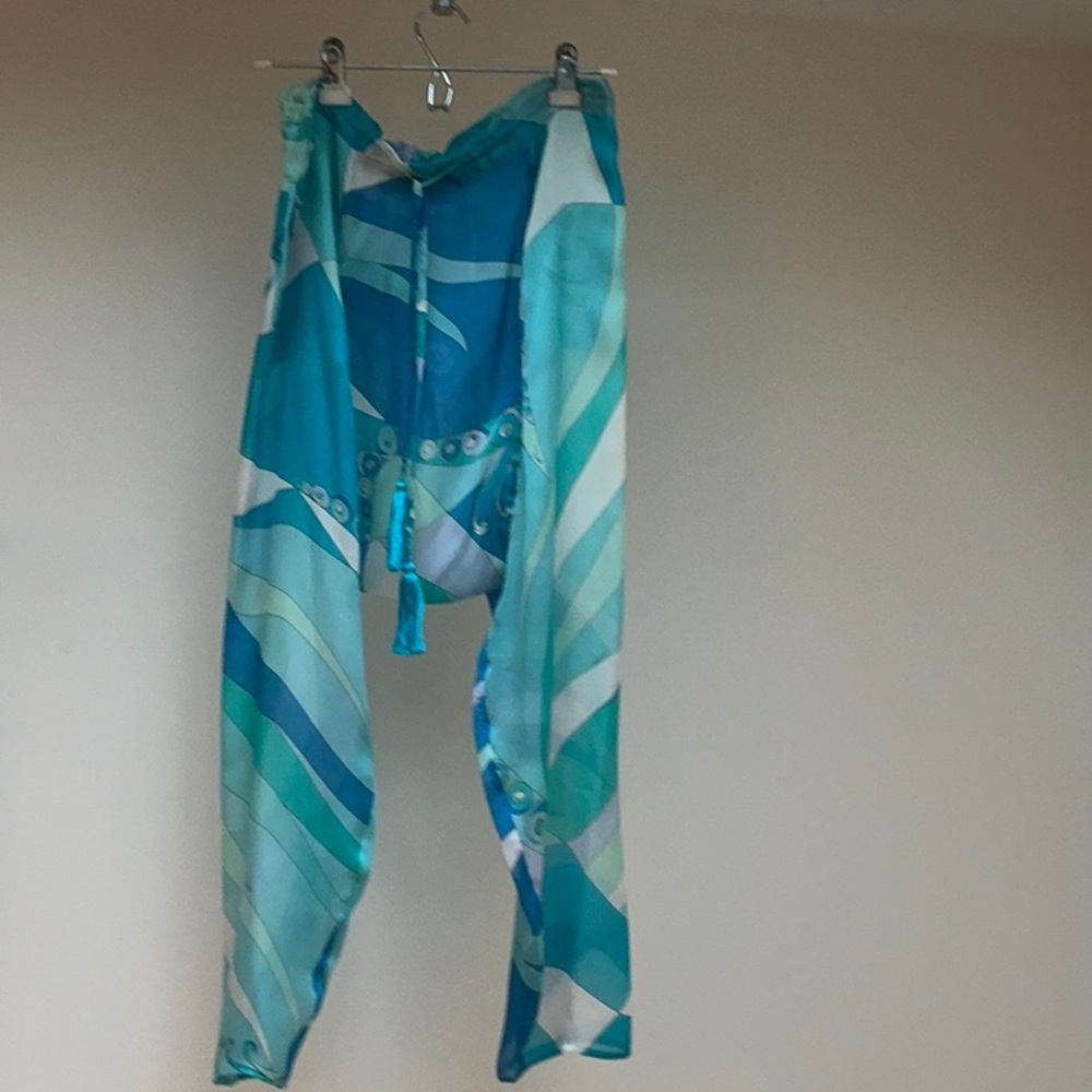 Emilio Pucci Blue and White Patterned Pants drop crotch 100% silk -from runway